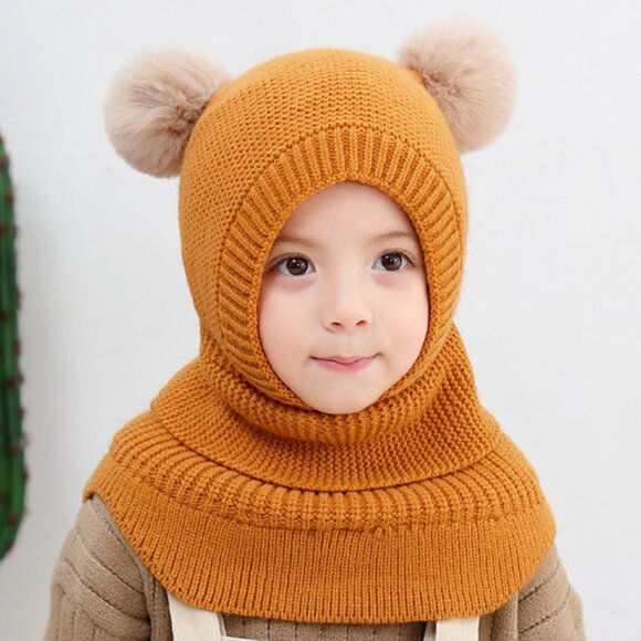 Kids Winter Hat | Knitted Baby Beanie with Neck Scarf and double Pom Pom - Picture 3 of 5